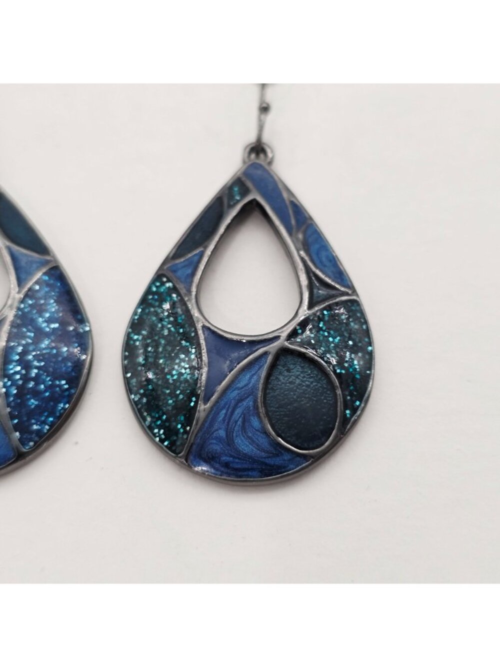 Teardrop Dangle Earrings With Blue & Green Enamel Glitter Mosaic Design - Picture 3 of 5